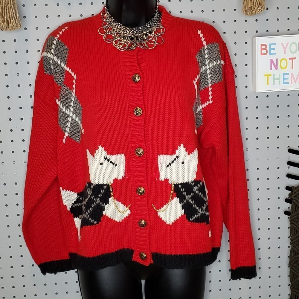 Vintage Scotties in Sweaters with Chains Argygle Button Up Cardigan Sweater Sz M